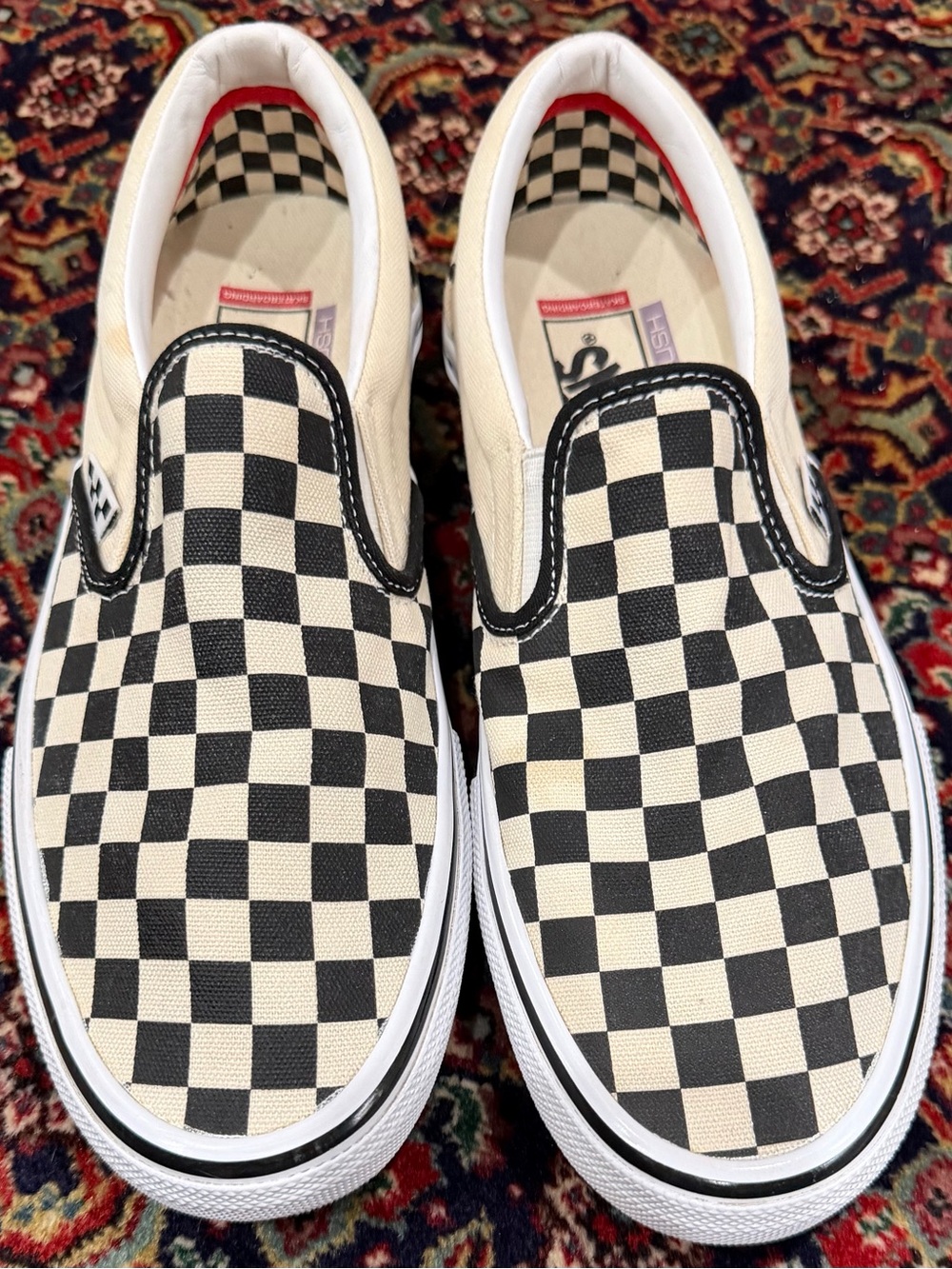 VANS OFF THE WALL ICONIC SKATE SHOES BEIGE/BLACK CHECKERBOARD  SLIP-ON POP CUSH